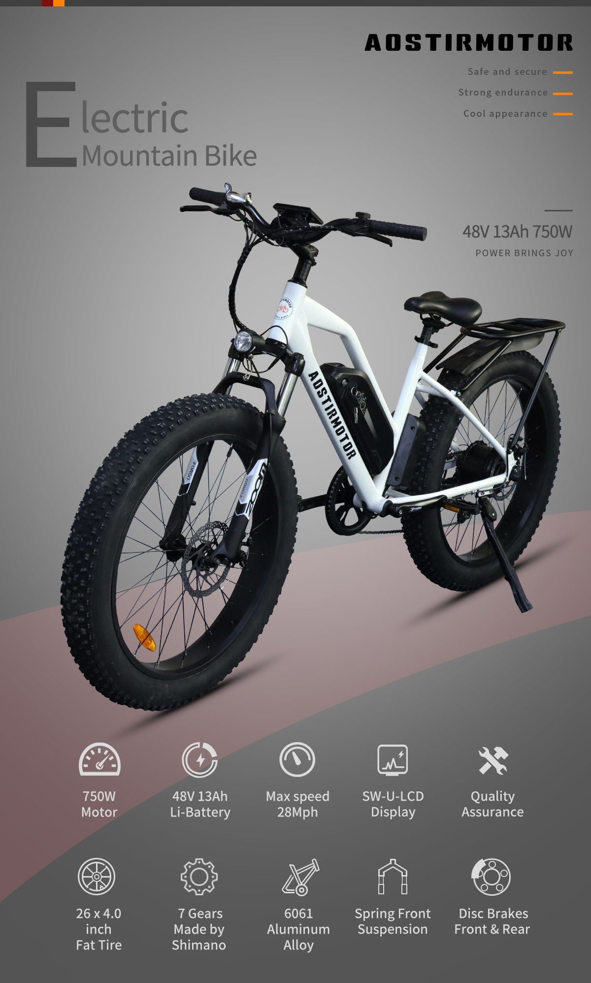 26" 750W Camouflage Electric Bike Fat Tire P7 48V 12.5Ah Removable Lithium Battery For Adults With Detachable Rear Rack Fender S07 - G - White