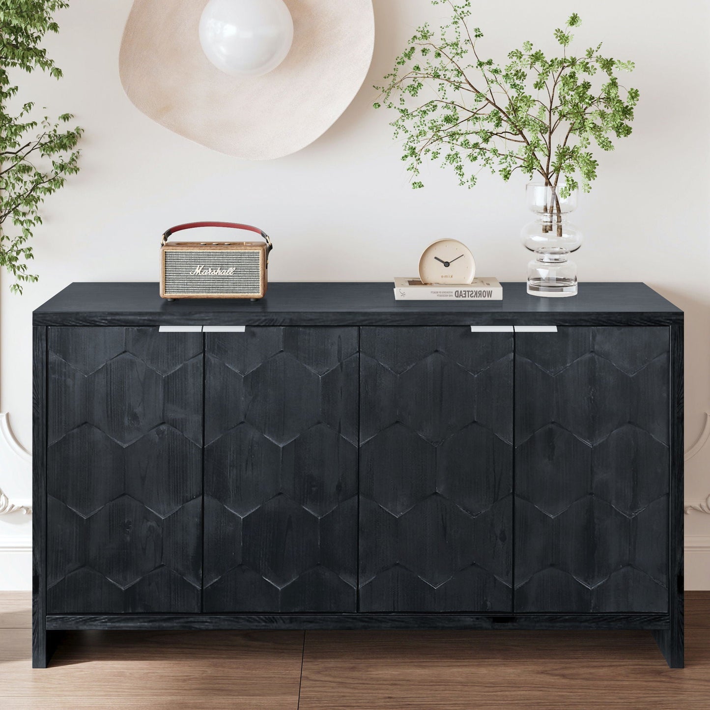 Accent Cabinet Farmhouse Style 4 Door Wooden Cabinet Sideboard Buffet Server Cabinet Storage Cabinet, For Living Room, Entryway, Hallway, Office, Kitchen And Dining Room Home Essentials