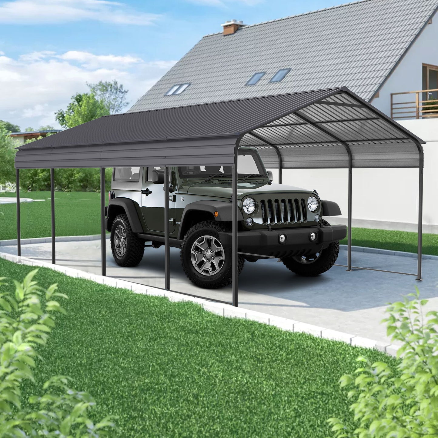 Metal Carport 12 X 20 Ft Heavy Duty With Galvanized Steel Roof Metal Garage Canopy With Galvanized Steel Roof & Frame Car Tent Outdoor Storage Shed For Car Boats And Truck - Alabaster / Dark Gray Home Essentials