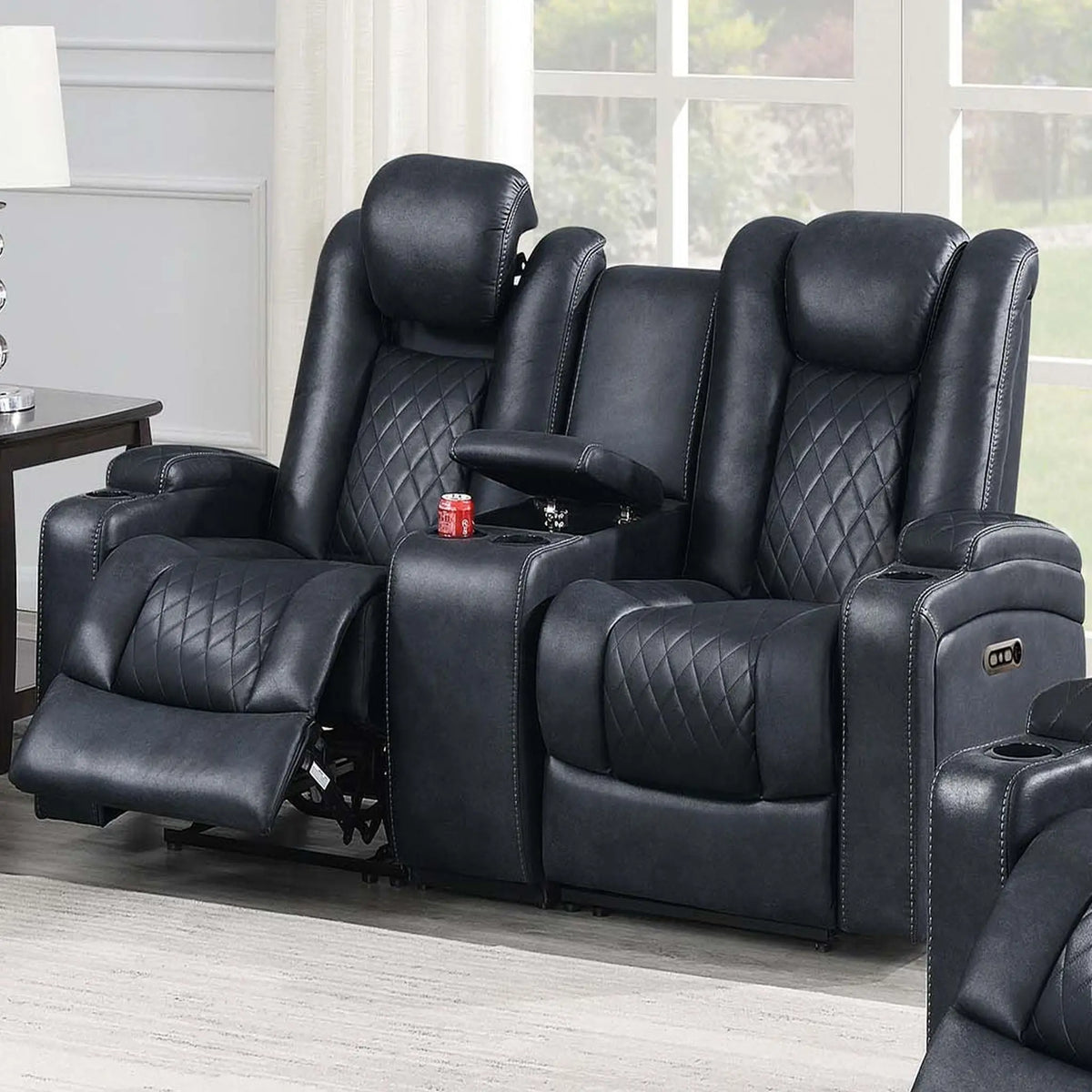 Power Reclining Loveseat With Adjustable Headrest, Storage, Cup Holders - Inky Blue Home Essentials