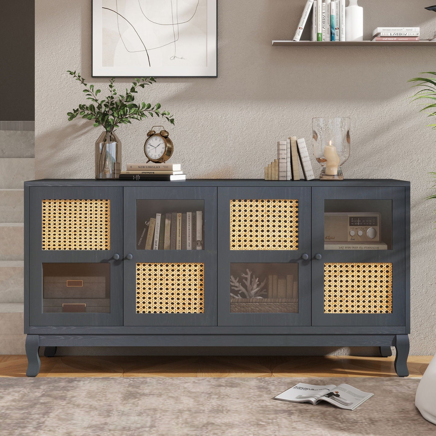 Retro Industrial 4 Door Sideboard With Large Storage, Rattan And Glass Doors Home Essentials