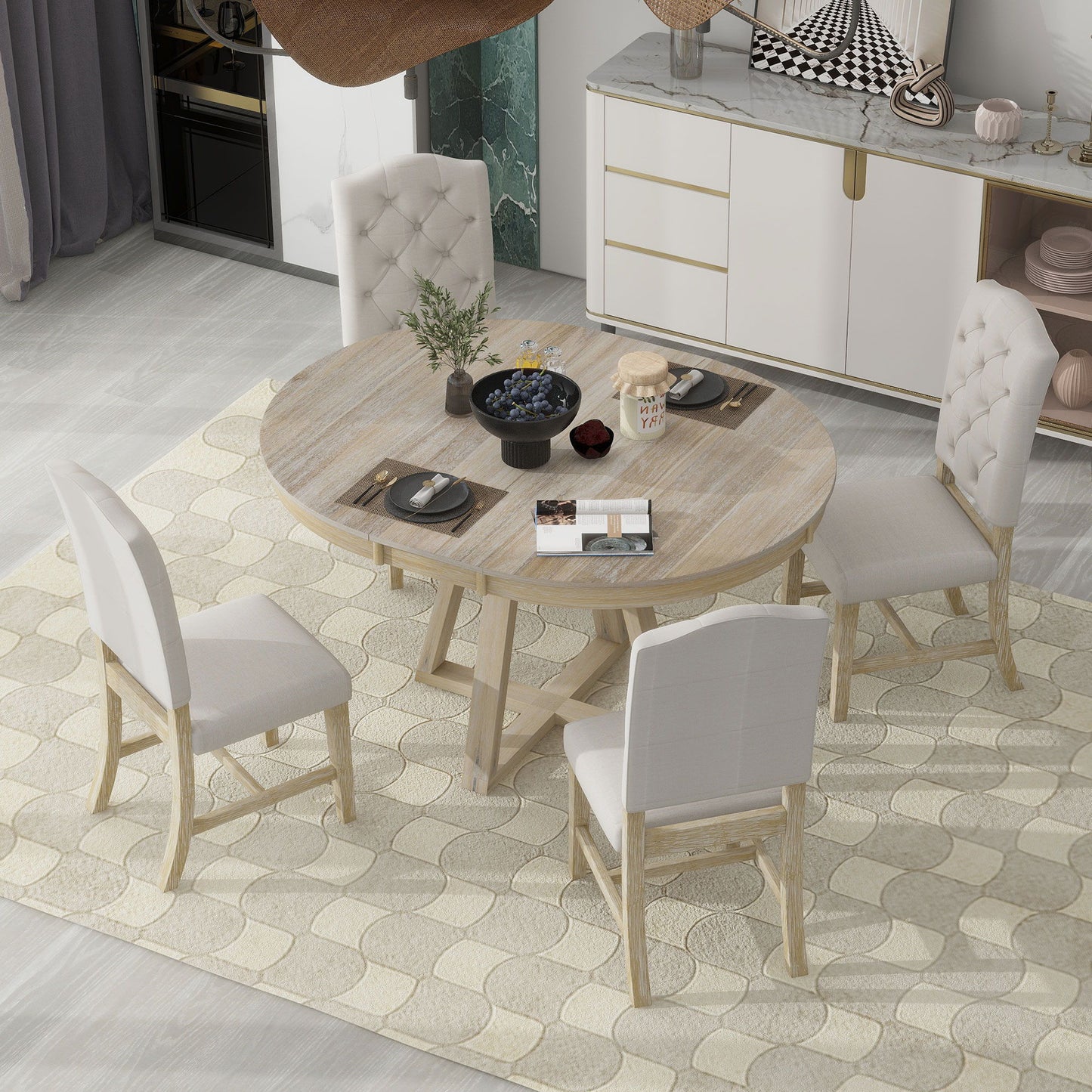 Retro Functional Dining Set, Round Table With Leaf And Upholstered Chairs For Dining Room And Living Room Hearth and Haven