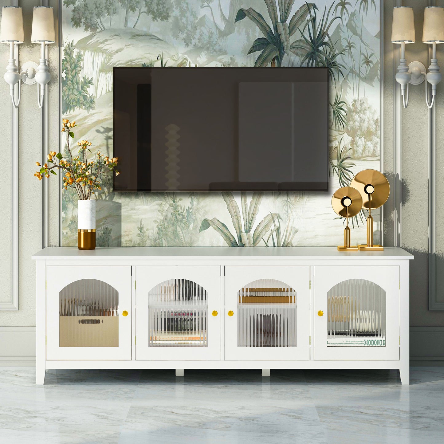StylishTVcabinet Entertainment CenterTV Stand, TVconsoletable, Media Console, Solidwood Frame, Changhong Glass Door, Metal Handle Home Essentials