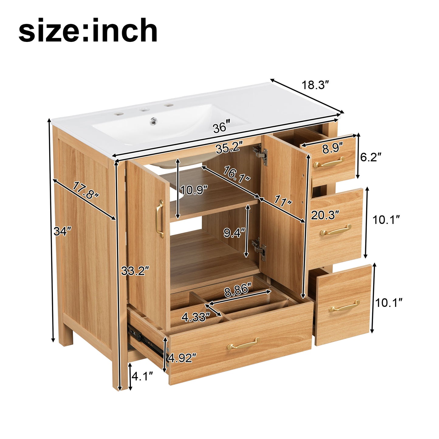36" Bathroom Vanity, 2 Soft Close Doors, 4 Soft Close Drawers, Adjustable Shelf, Storage Cabinet - Acacia Wood Hearth and Haven