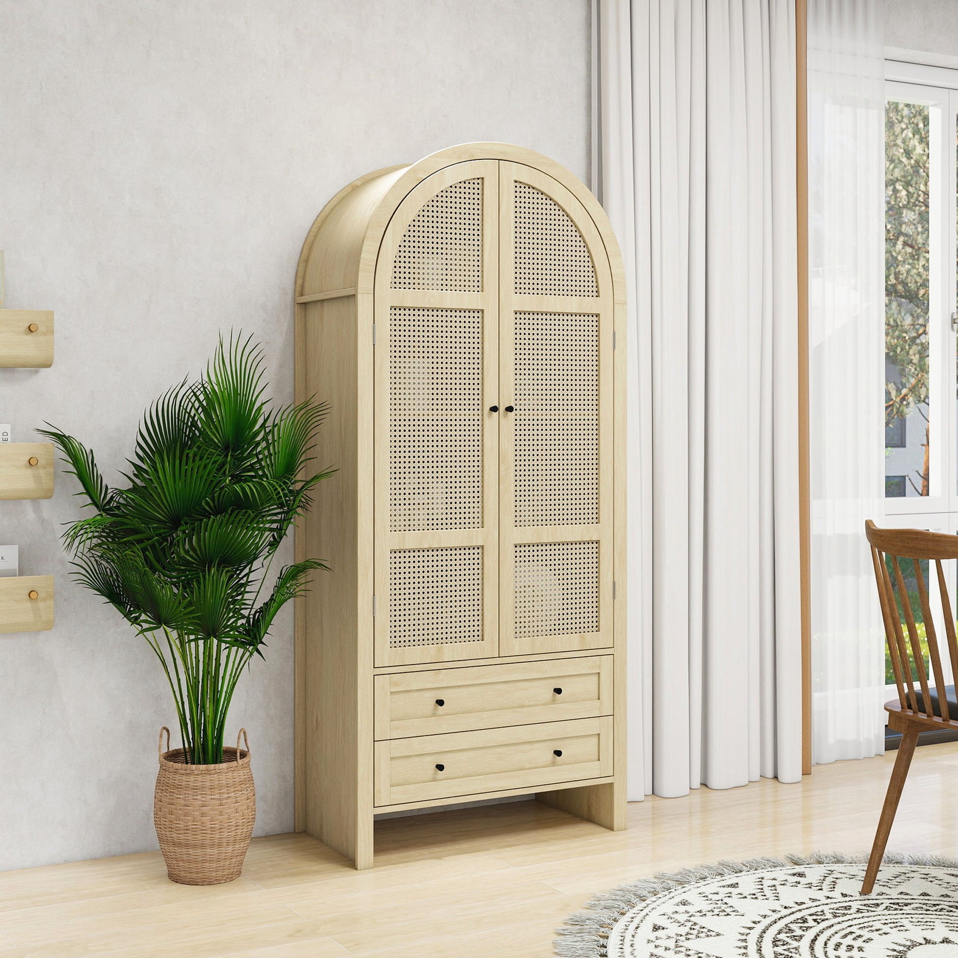 Tall Arched Kitchen Pantry, Arched Storage Display Cabinet With 2 Drawers & Adjustable Shelves, Rattan Door Versatile Storage Cabinet For Kitchen, Dining Room, Living Room - Natural Home Essentials