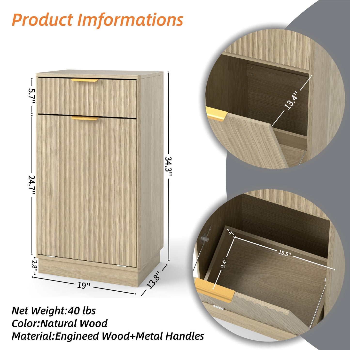 Tilt Out Trash Can Cabinet With Wave Textured Drawer & Pull Out Bin Home Essentials