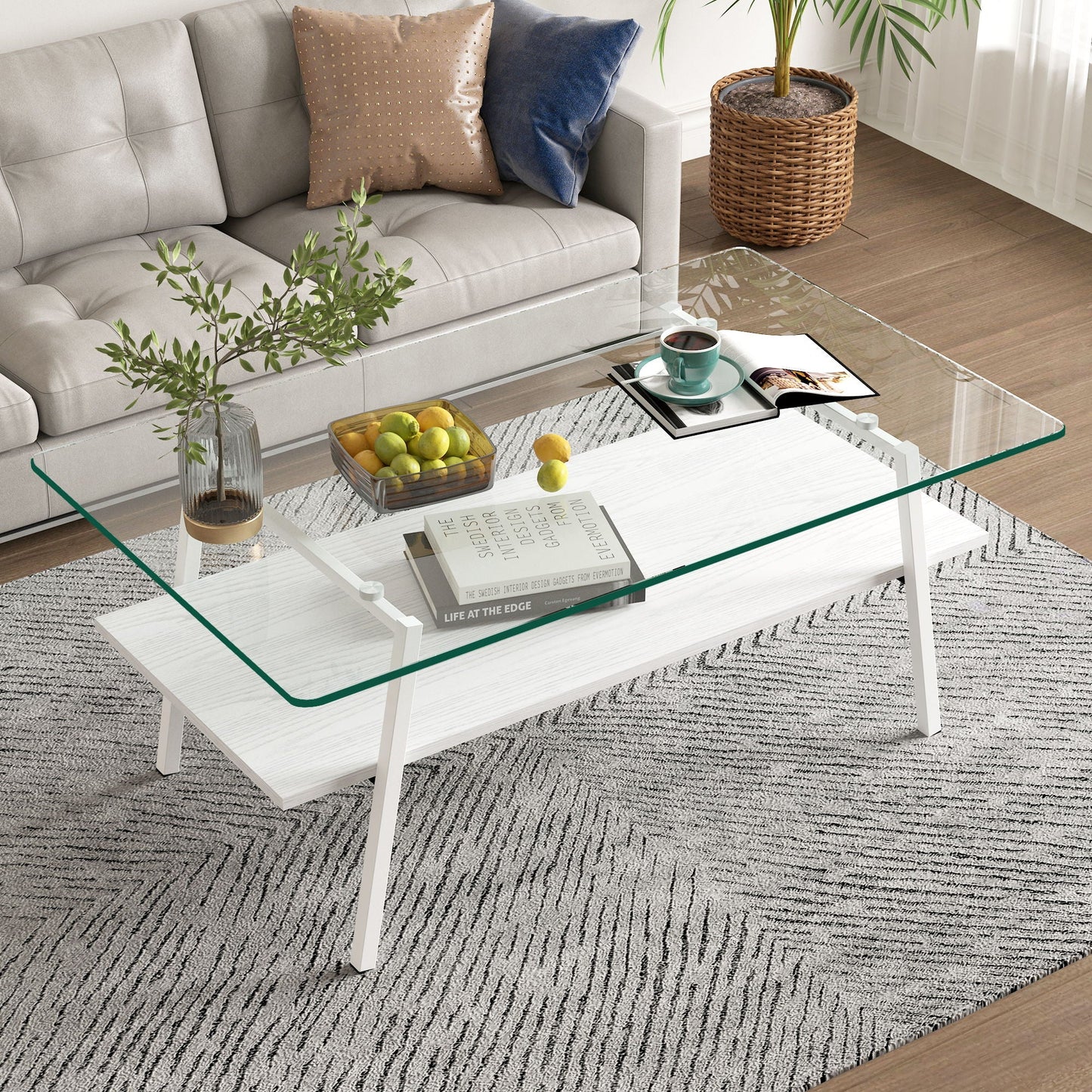 Rectangle Coffee Table, Tempered Glass Tabletop With Metal Legs, Modern Table For Living Room Home Essentials