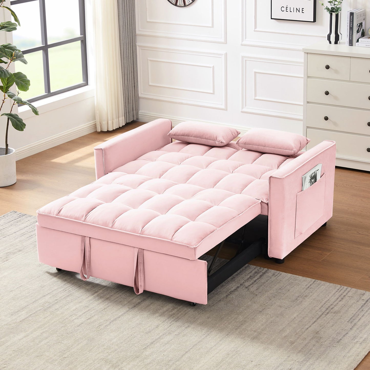 Modern Velvet Convertible Loveseat Futon Sofa With Pullout Bed, Reclining Backrest Home Essentials