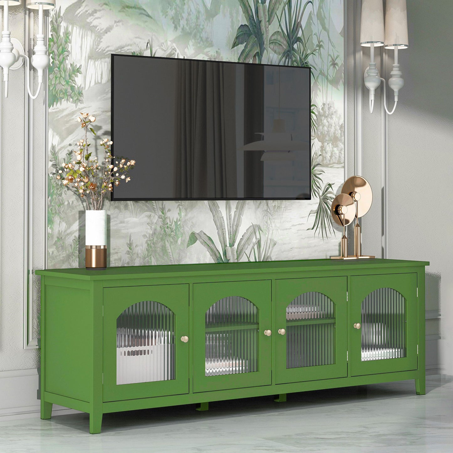 StylishTVcabinet Entertainment CenterTV Stand, TVconsoletable, Media Console, Solidwood Frame, Changhong Glass Door, Metal Handle Home Essentials