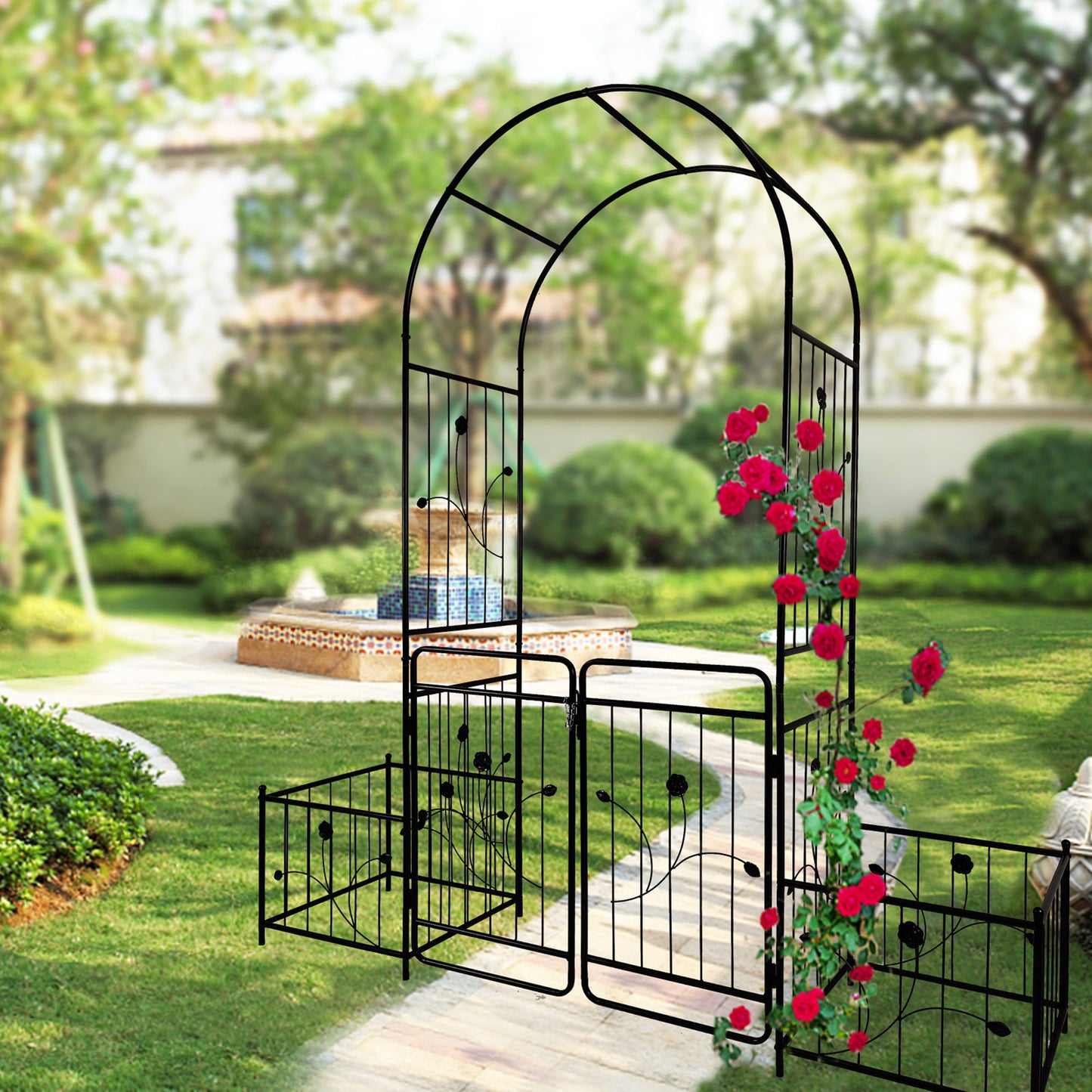 Metal Garden Arch With Gate Wide High Climbing Plants Support Rose Arch Outdoor - Black Daily Nest