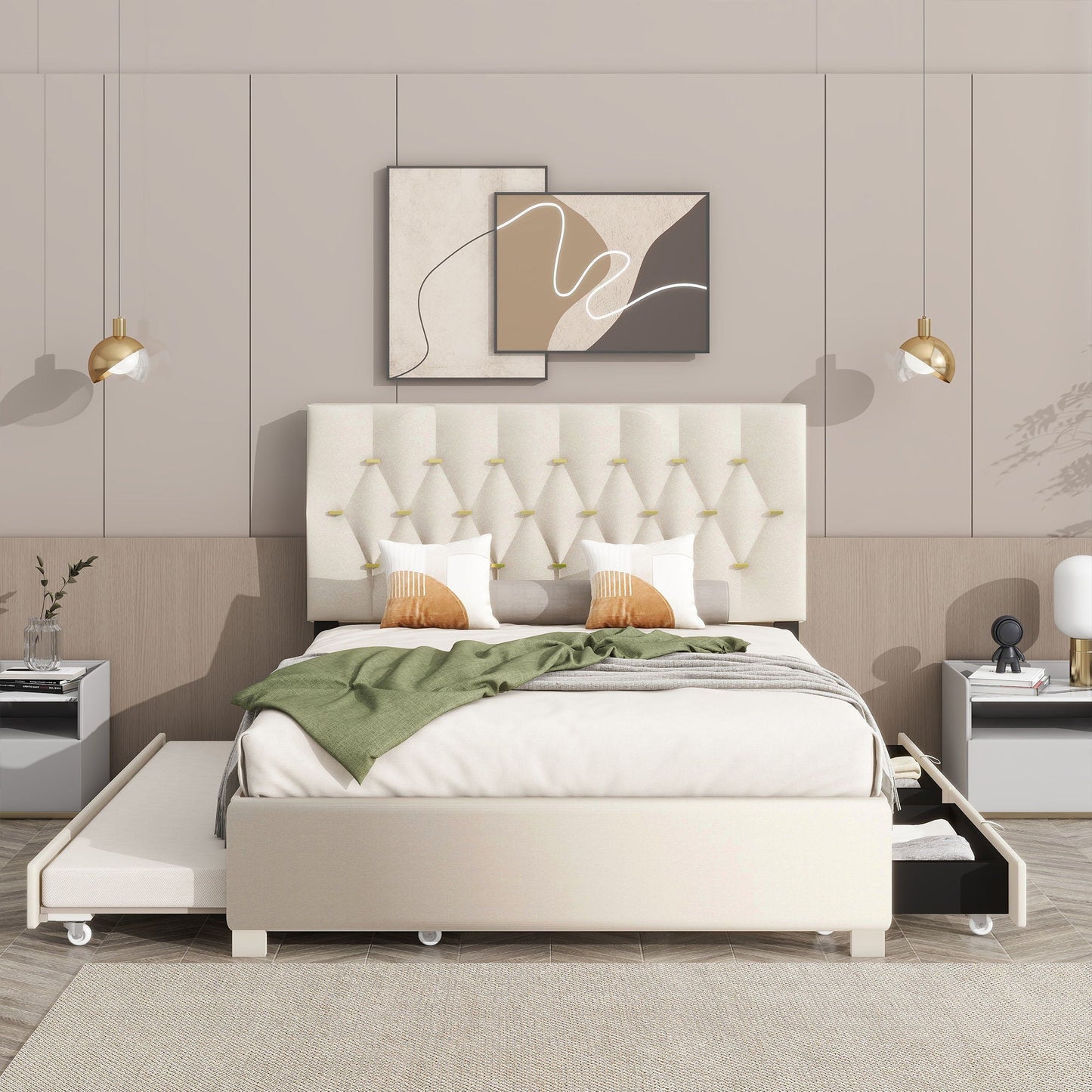 Queen Bed With Pull Out Trundle & Storage Drawers, No Box Spring Required, Space Saving Design - Beige Home Essentials