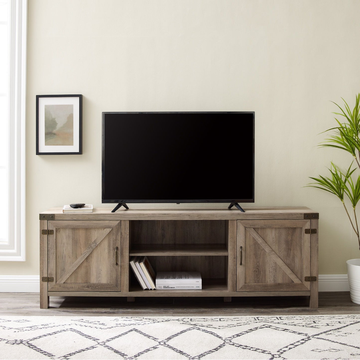 Rustic Farmhouse Double Barn Door 70" TV Stand For 80" TVs With Center Shelves Walker Edison