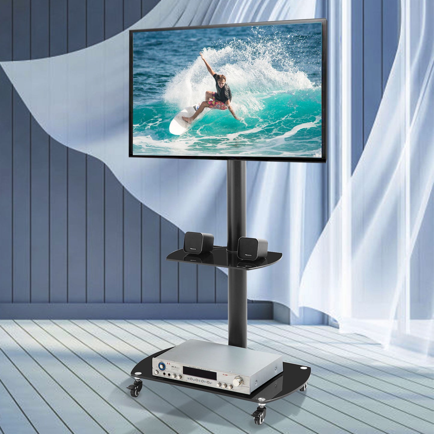 Height And Angle Adjustable Multi-Function Tempered Glass Metal Frame Floor With Lockable Wheels Mobile TV Stand, Lcd / Plasma TV Bracket 2 Tier Tempered Glass Shelves For Multiple Media Devices - Black Home Essentials