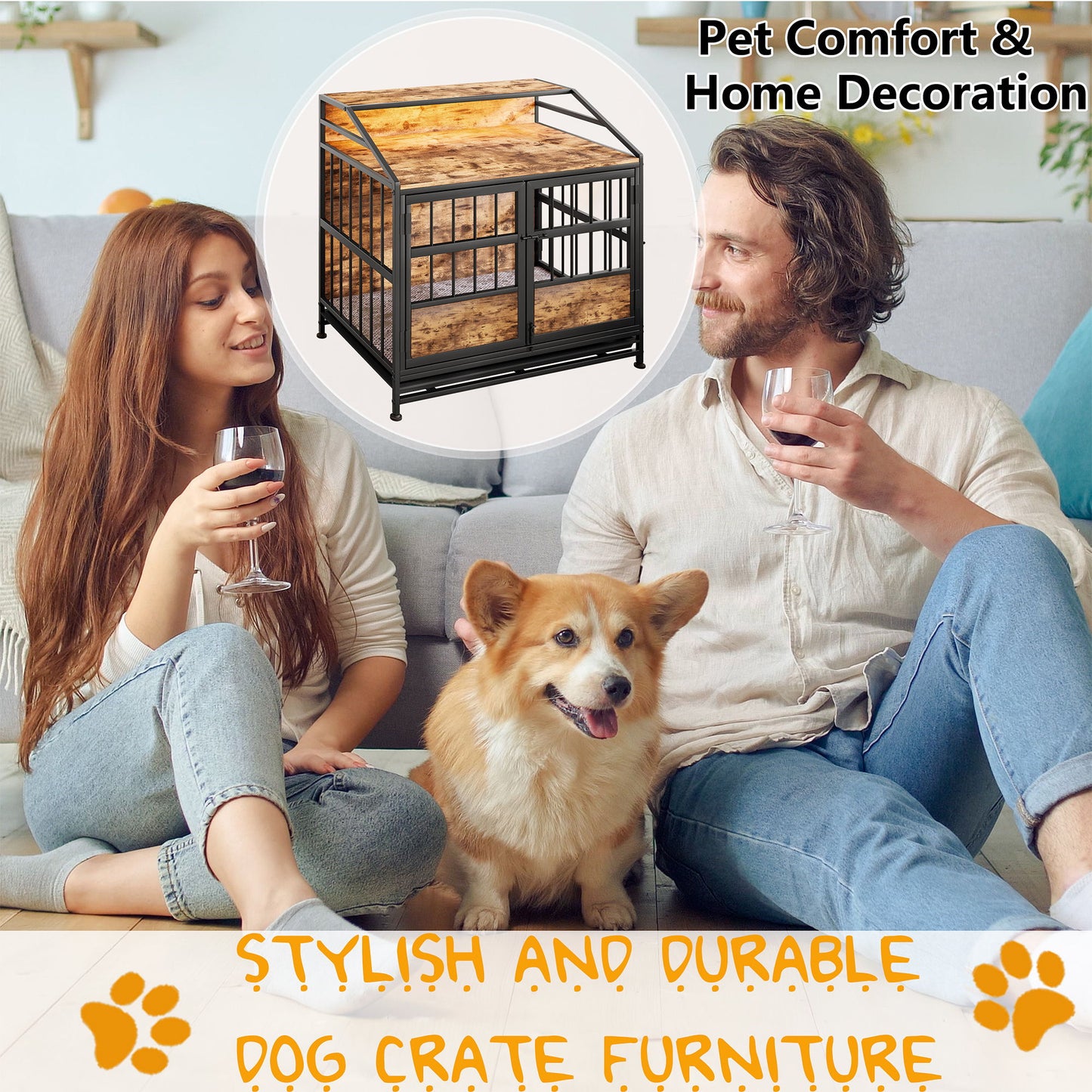 Multi Function Dog Crates With Storage, Double Doors, Indoor Dog Crate - Black Brown Daily Nest