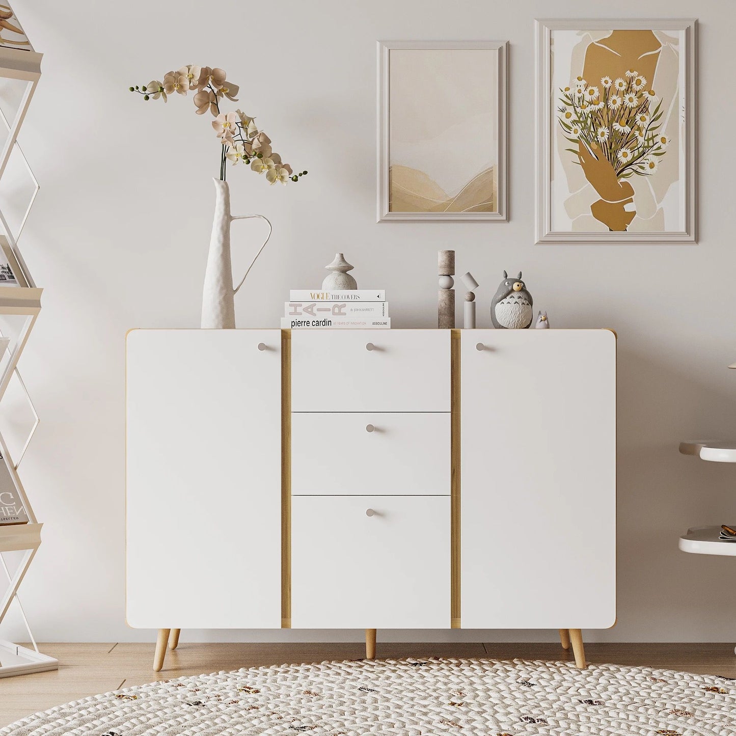 Sideboard Buffet Cabinet With 3 Drawers & 2 Doors, Buffet Cabinet With Adjustable Shelves For For Living Room Dining Room Hallway, Kitchen - White Home Essentials