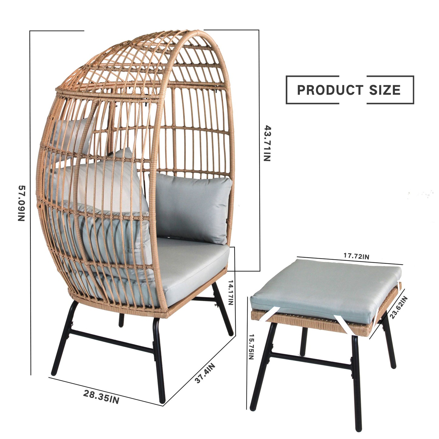 Outdoor Garden Wicker Egg Chair And Footstool Patio Chaise, With Cushions, Outdoor Indoor Basket Chair Home Essentials