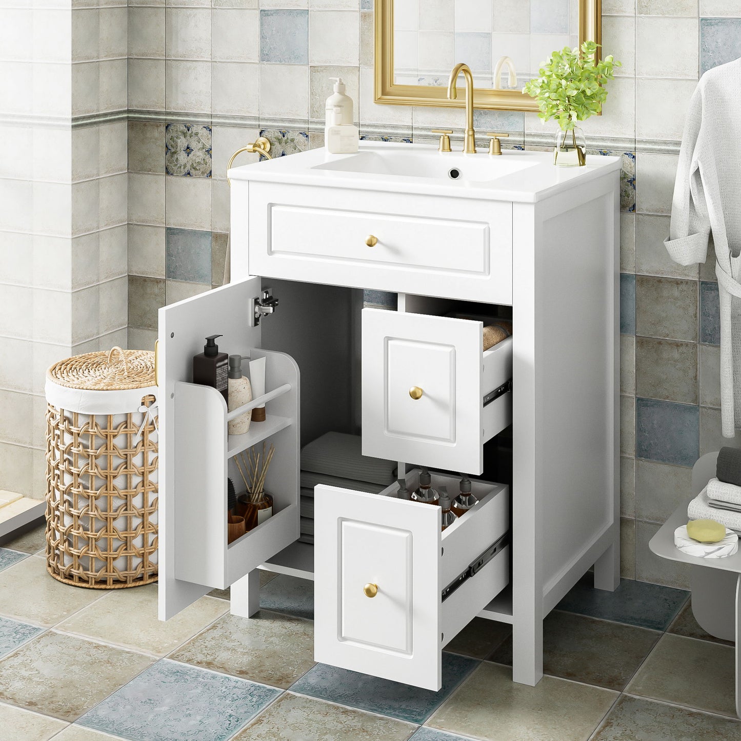 Elegant Bathroom Vanity With Ceramic Sink, Soft Close Doors And Drawers, Double Storage Racks Hearth and Haven