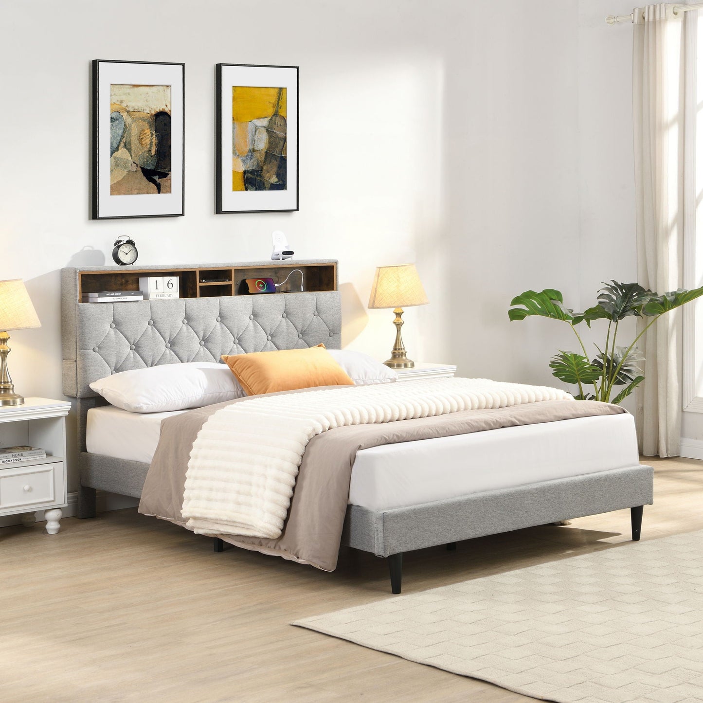 Modern Upholstered Platform Bed Frame With Button Tufted Headboard And USB Ports Home Essentials