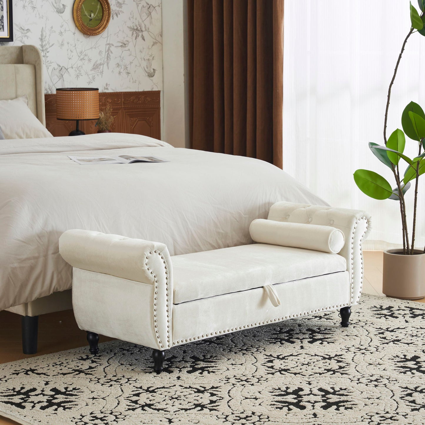 Luxurious Velvet Multifunctional Storage Ottoman Bench With Pillow Noble House