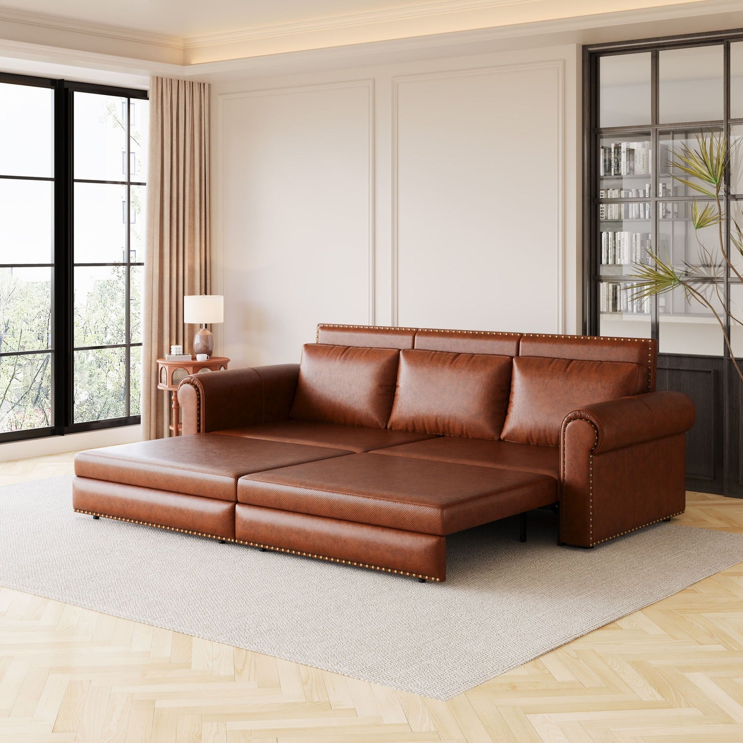 3 In 1 Convertible Sleeper Sofa With Nailhead Trim & Rolled Arm Home Essentials