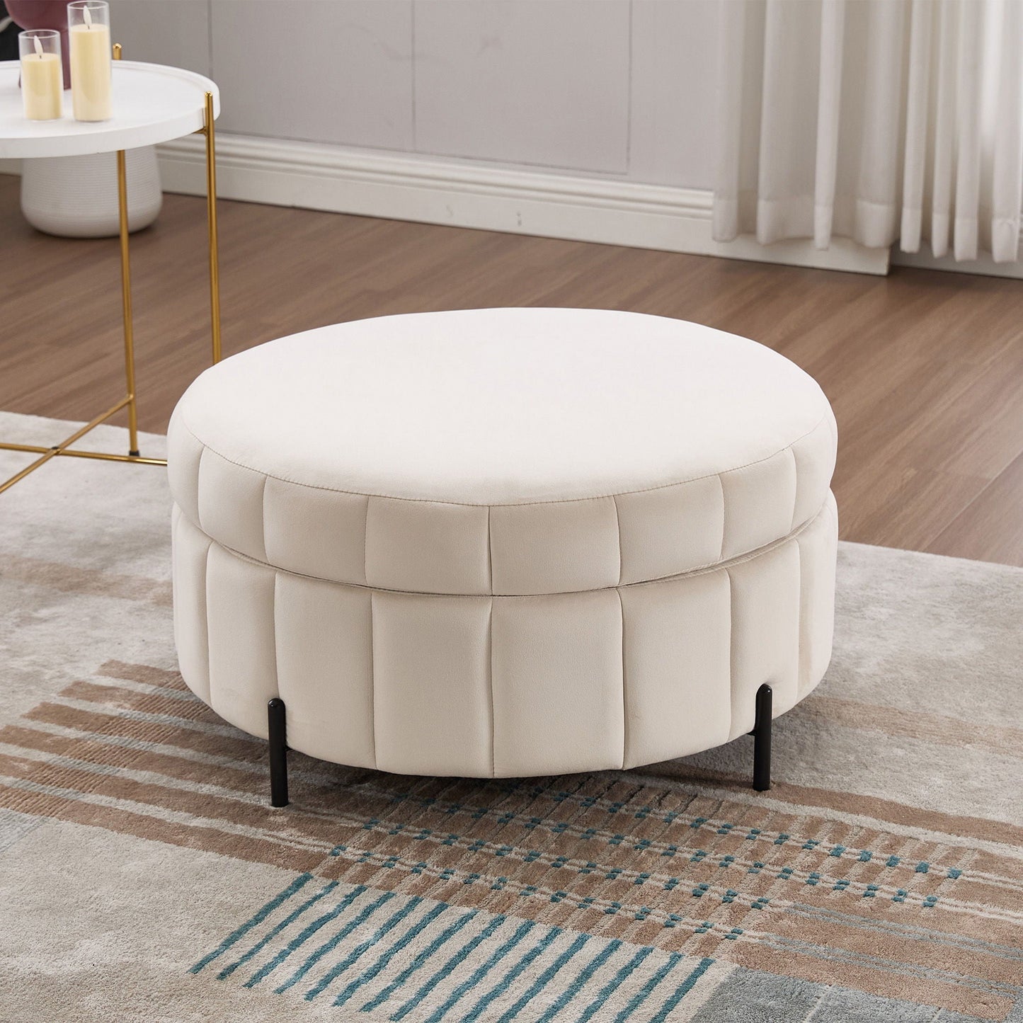 Upholstered Round Ottoman With Reversible Lid, Channel Tufted Pumpkin Shape Home Essentials