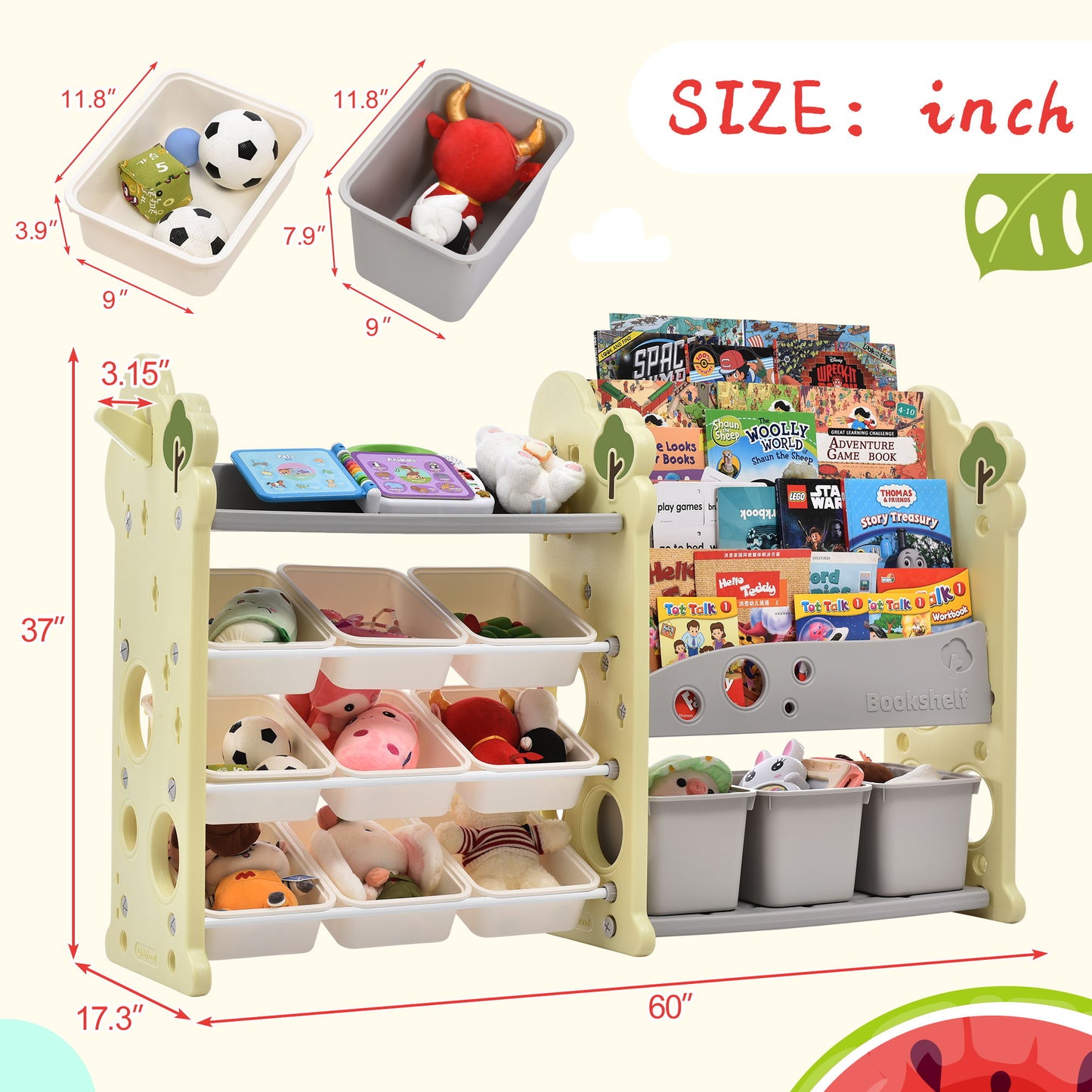 Kids Bookshelf Toy Storage Organizer With 17 Bins And 5 Bookshelves, Multi-Functional Nursery Organizer Kids Furniture Set Toy Storage Cabinet Unit With HDPE SheLF And Bins Hearth and Haven