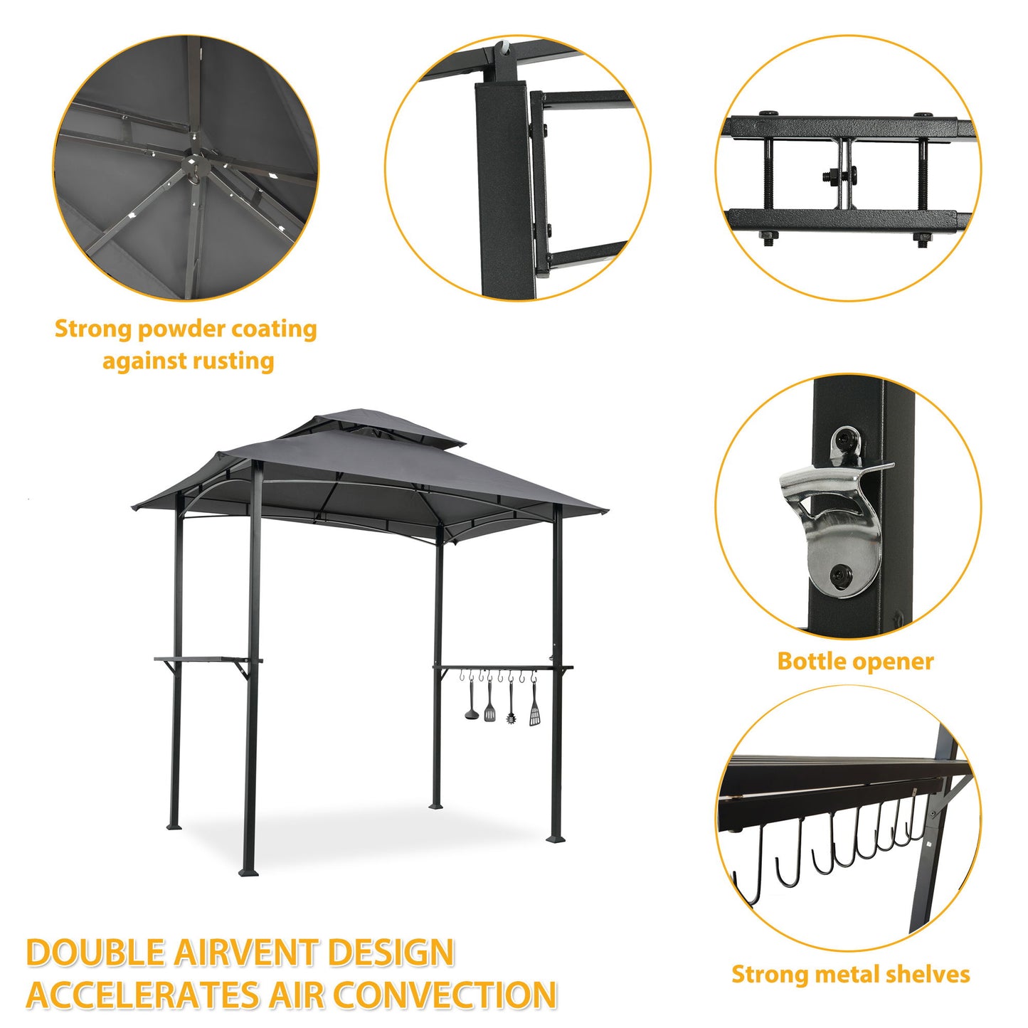 Outdoor Grill Gazebo With Double Tier Soft Top Canopy, Steel Frame, Bar Counters & Hook Home Essentials