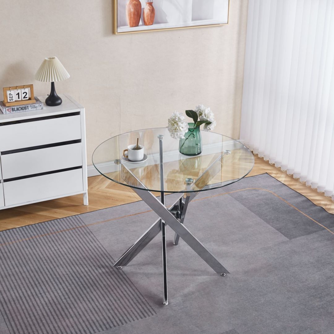 Dining Table With Cross Metal Leg And Tempered Glass, Modern Space Saving Kitchen Table For Living Room Home Essentials