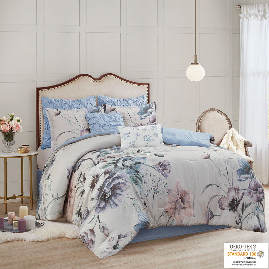 Cassandra - Queen 8 Piece Printed Comforter Set - Blue Madison Park