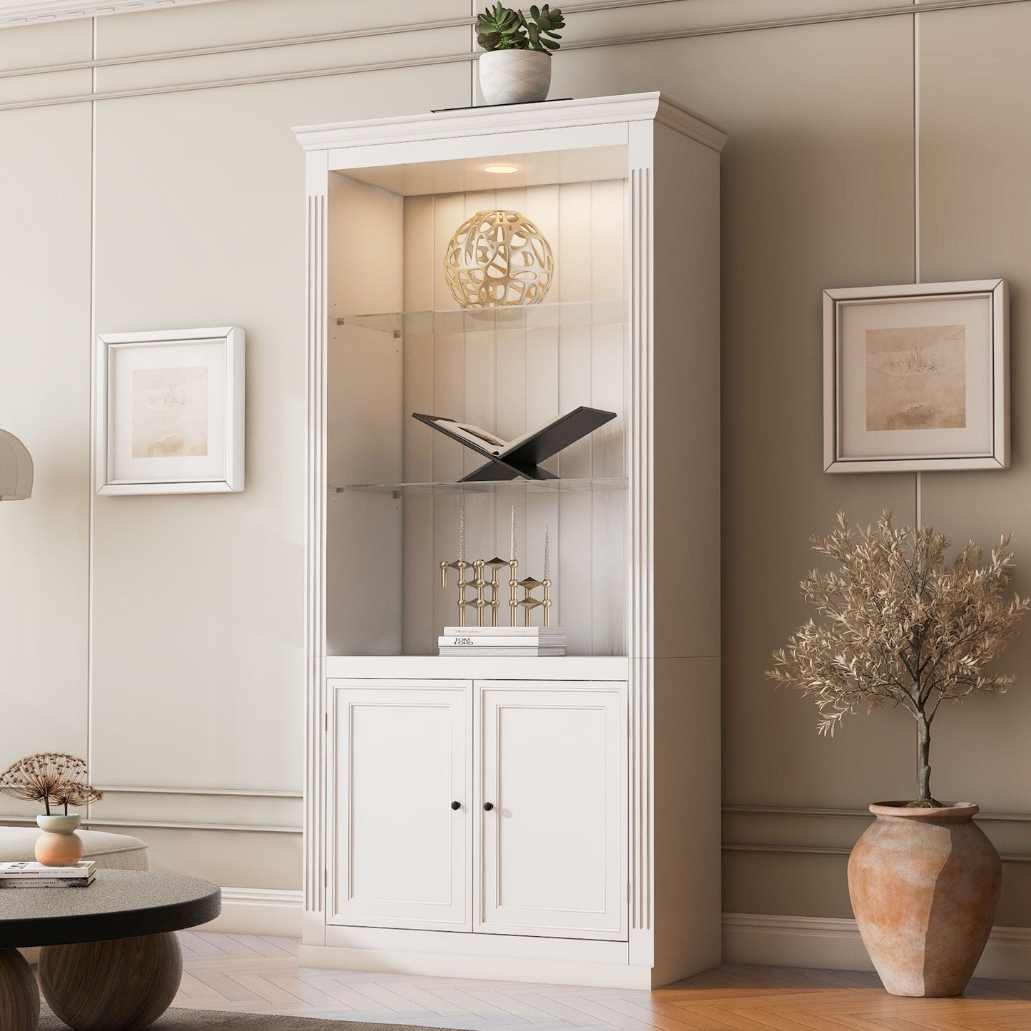 Retro Style Display Bookcase With Adjustable LED Ceiling Light And Tempered Glass Shelves - White Hearth and Haven
