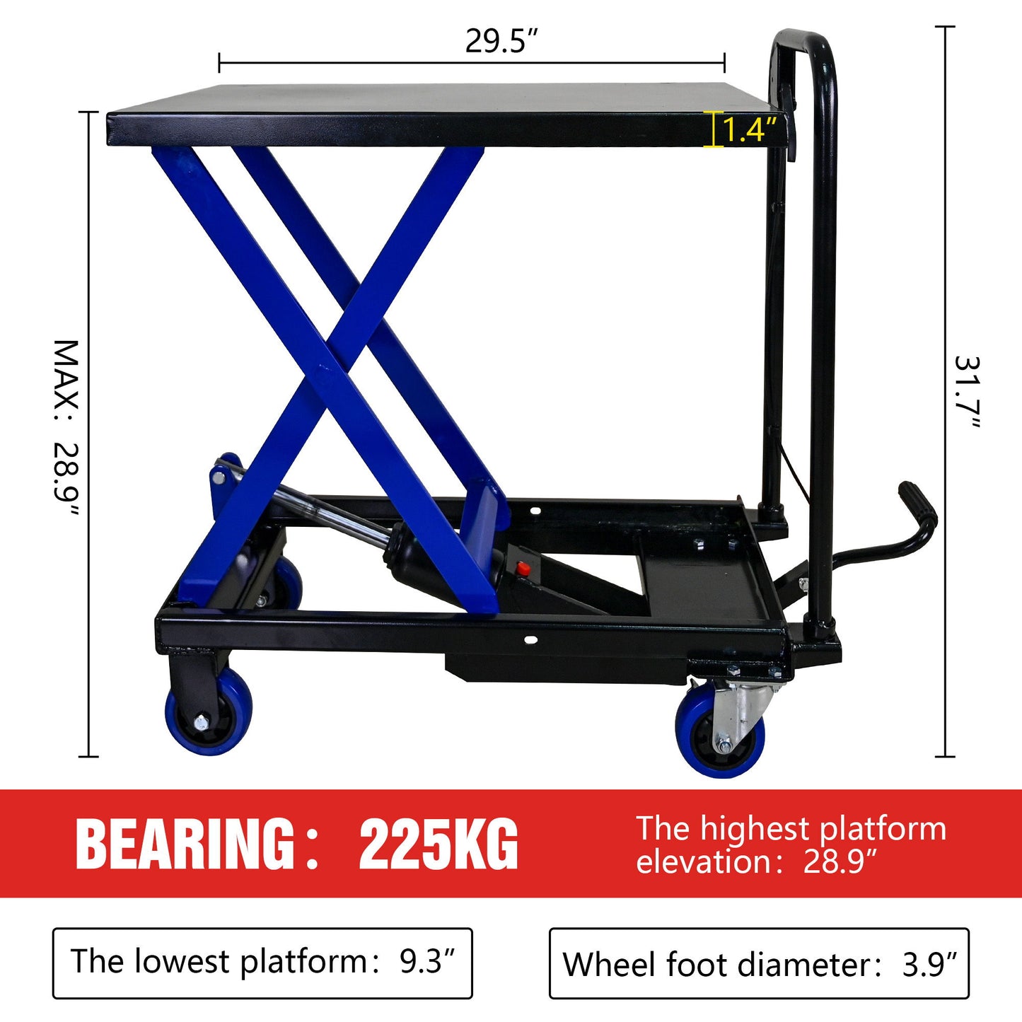 Hydraulic Lift Trolley, 500 Lbs Capacity, With 4 Wheels, For Material Handling And Transportation - Black / Blue Daily Nest