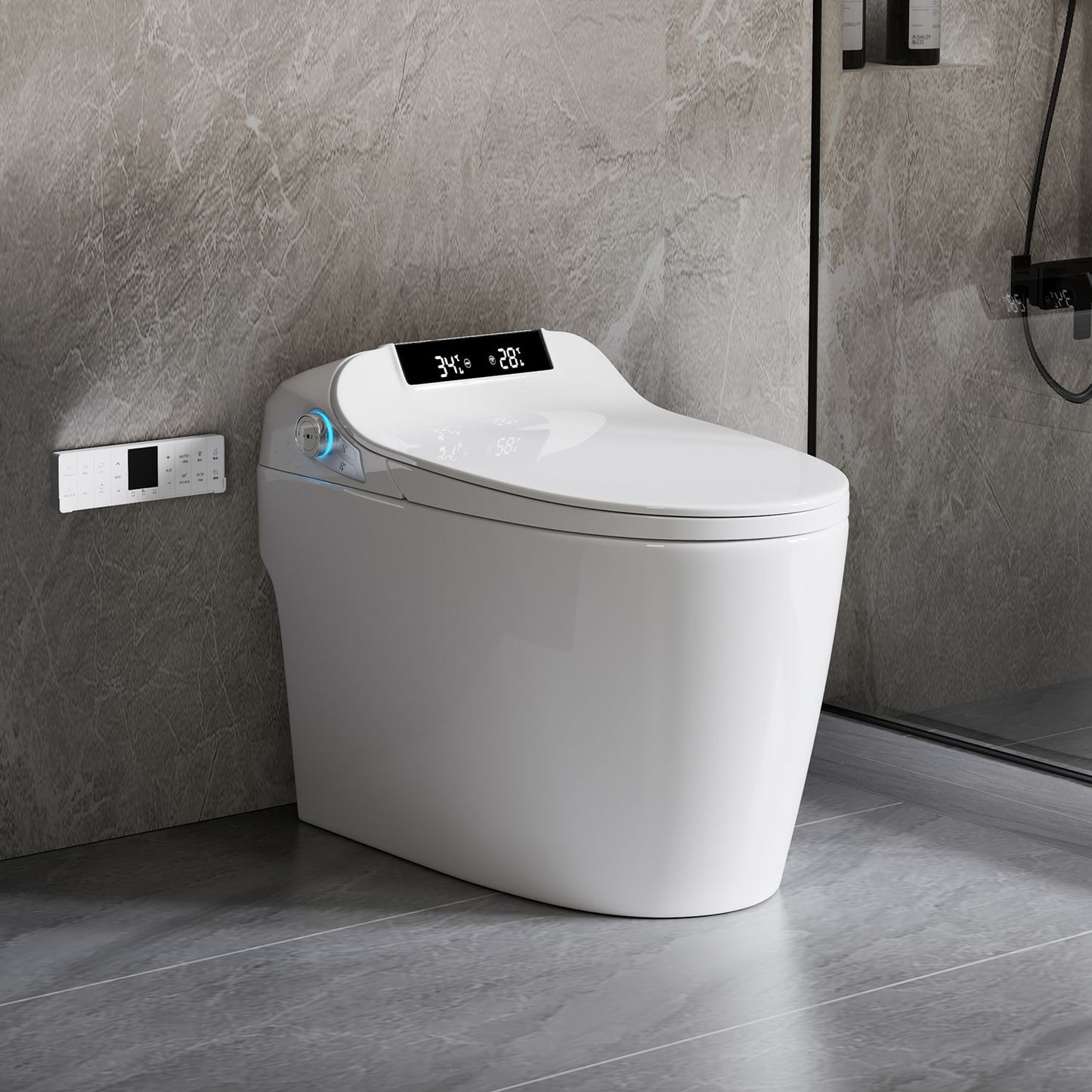 Smart Toilet Bidet Combo With Foot Sensor Open Cover / Seat, Self Cleaning Nozzle, LED Display, Three Level Heated Seat / Airflow, Night Light, Knob Control, Soft Close, Auto Flush, With Remote Control - Gloss White Daily Nest