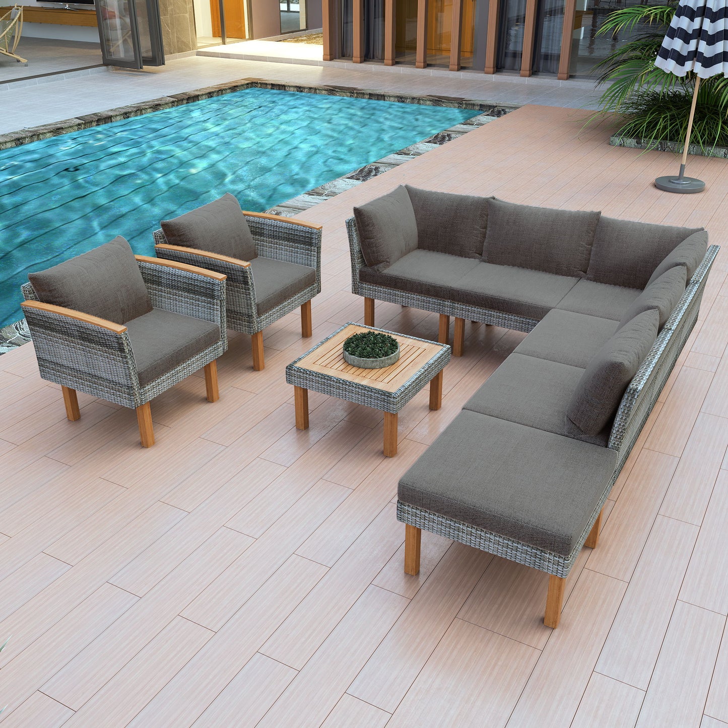 9 Piece Patio Rattan Furniture Set, Outdoor Conversation Set With Acacia Wood Legs And Tabletop, PE Rattan Sectional Sofa Set With Coffee Table, Washable Cushion Hearth and Haven