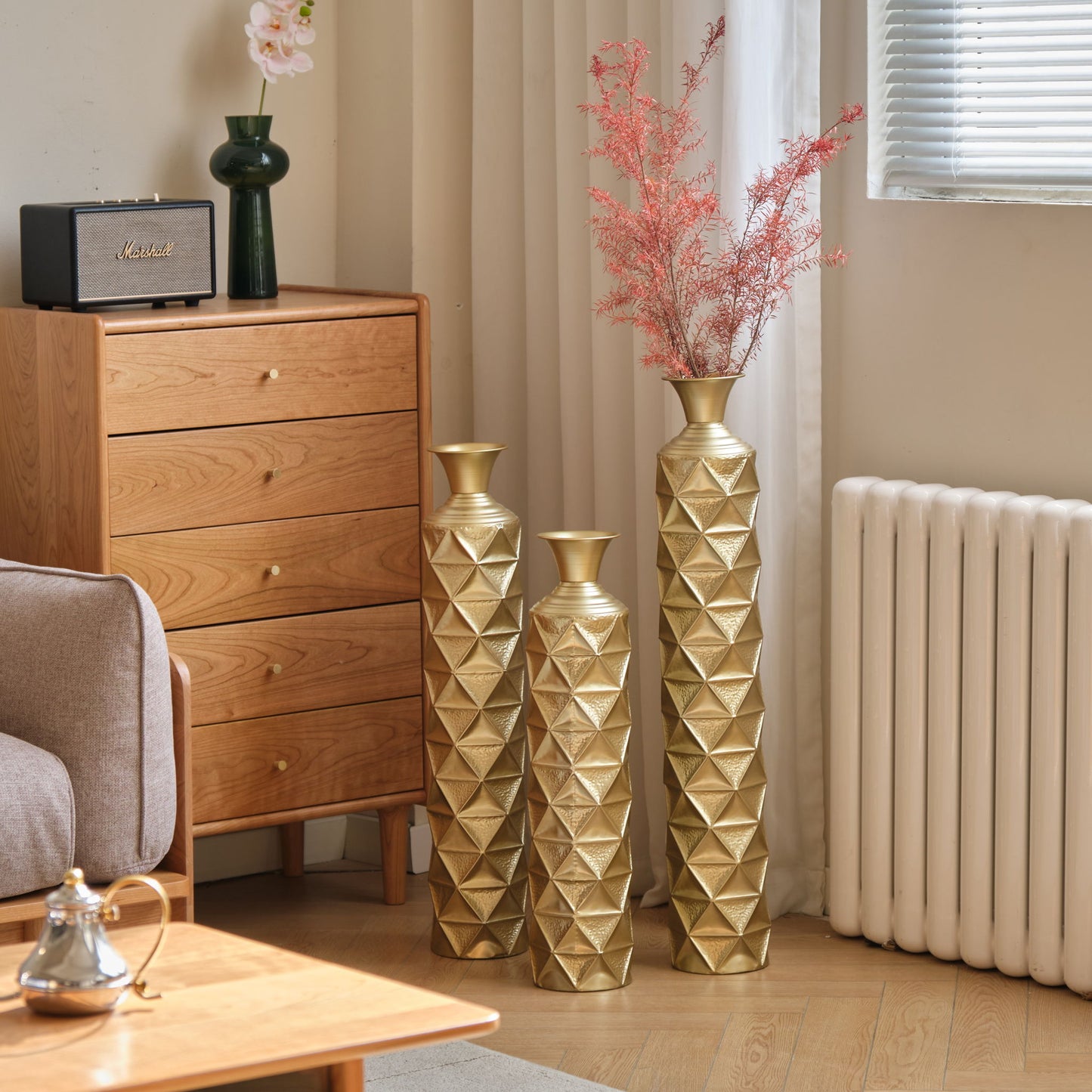 Metal Decorative Vase High Distress Metal Center Vase With 3D Triangle Pattern, (Set of 3) Vases For Home Decoration - Gold Daily Nest