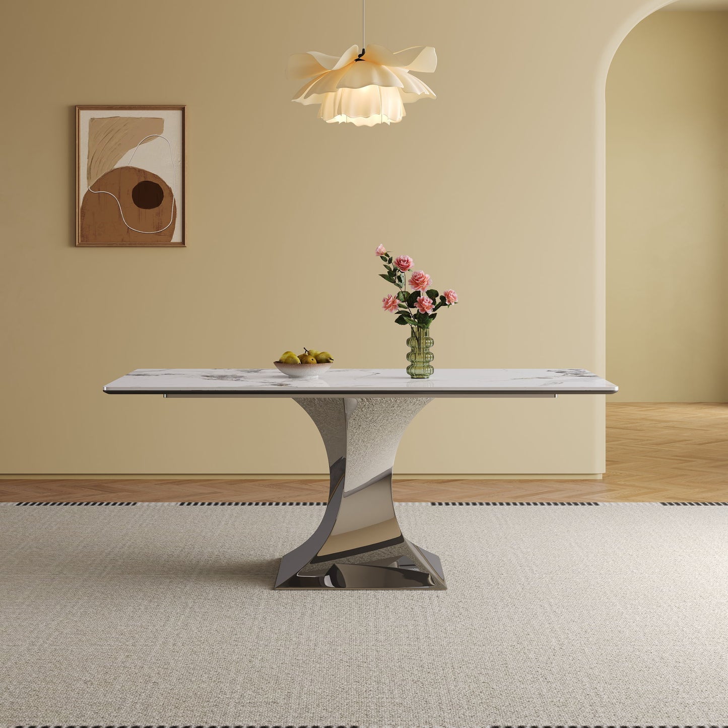 Modern Rectangular Dining Table For 6 - 8, Plated Hourglass Base Home Essentials