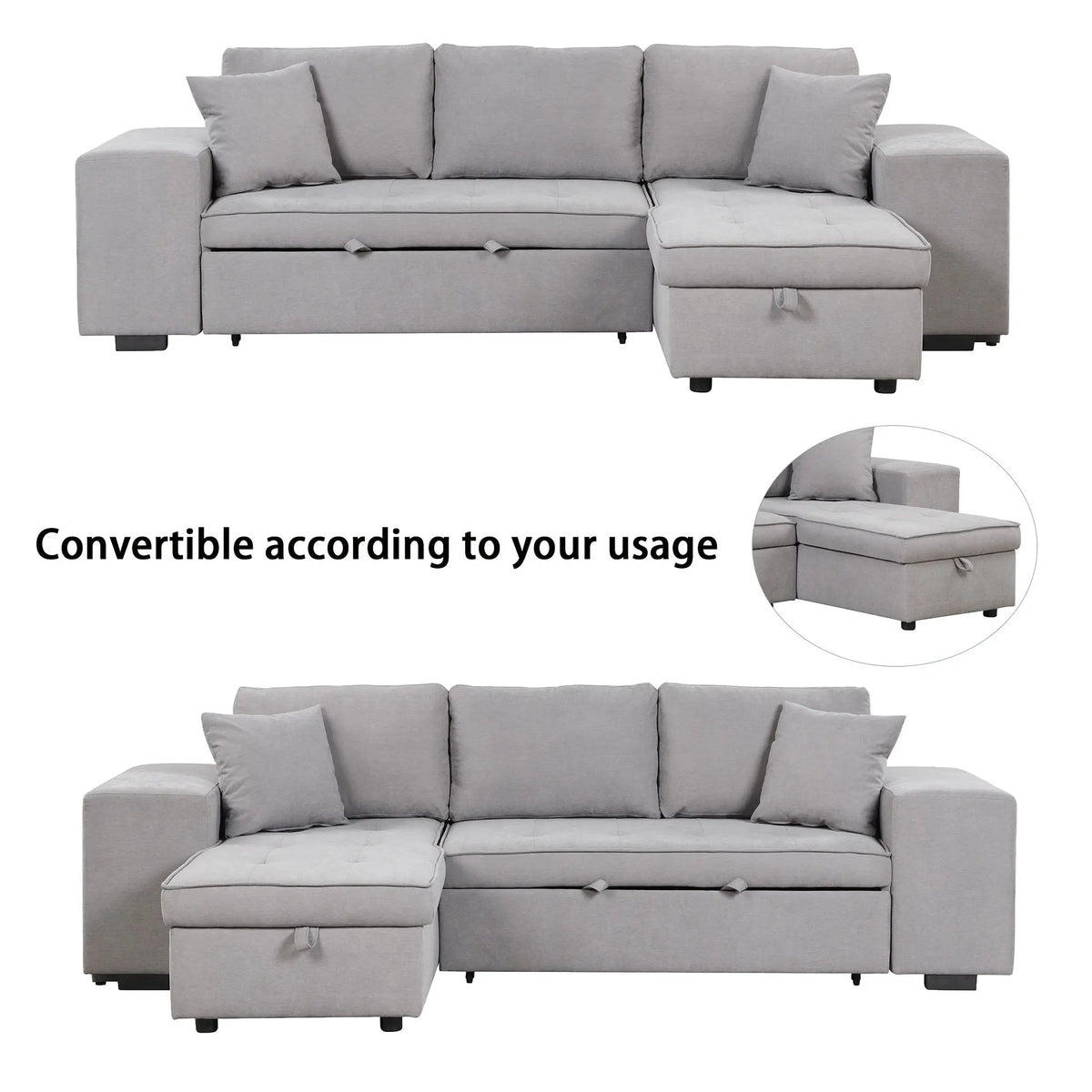 Modern L-Shape 3 Seat Reversible Sectional Couch, Pull Out Sleeper Sofa With Storage Chaise And 2 Stools For Living Room Furniture Set Hearth and Haven