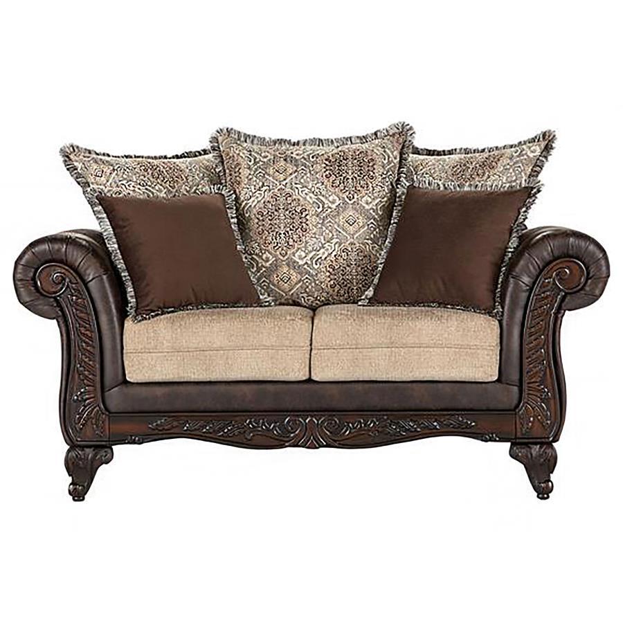 Elmbrook - Upholstered Rolled Arm Sofa Set With Intricate Wood Coaster Fine Furniture