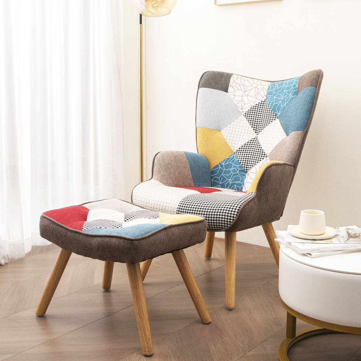 Accent Chair With Ottoman, Living Room Chair And Ottoman Set, Comfy Side Armchair For Bedroom, Creative Splicing Cloth Surface - Colorful Home Essentials