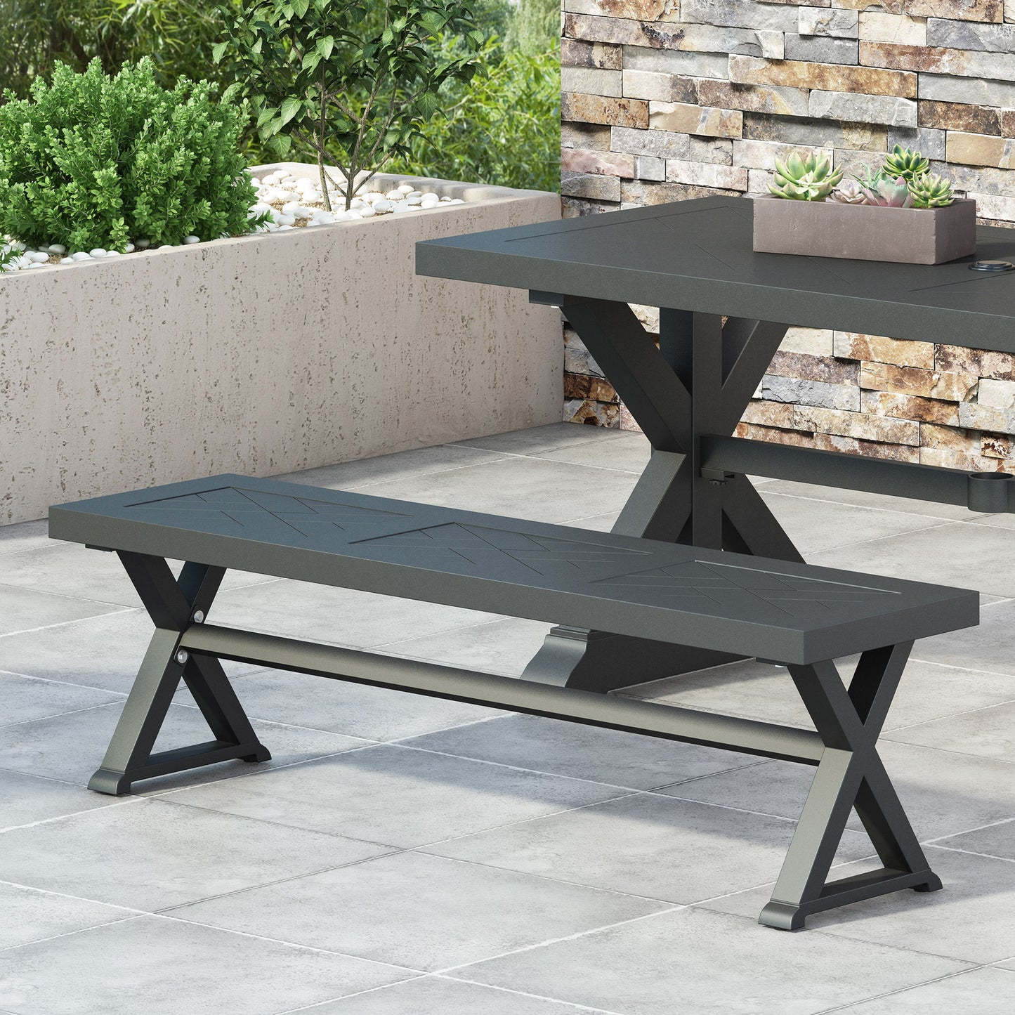 Modern Aluminum Outdoor Dining Bench With X Base Noble House