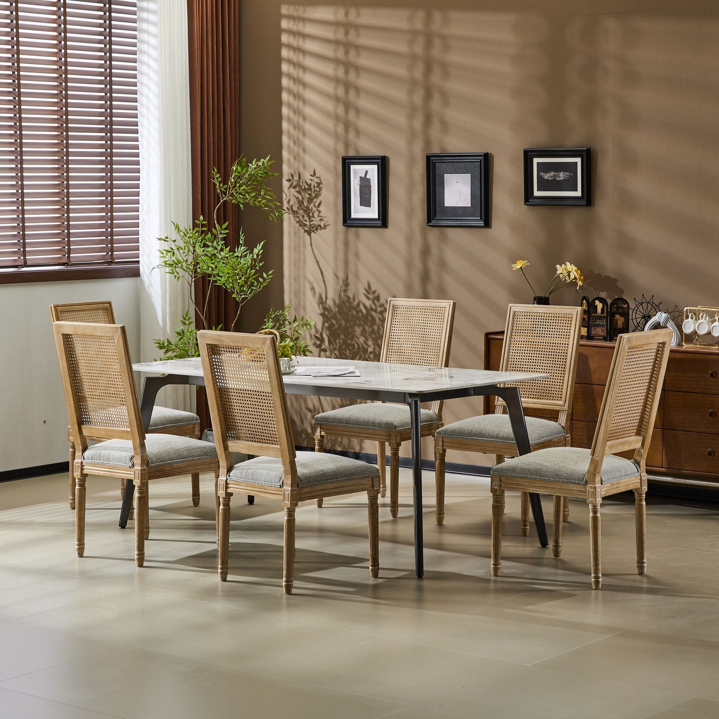 French Country Dining Chair With Rectangular Cane Backrest And Smooth Upholstered Seating Noble House