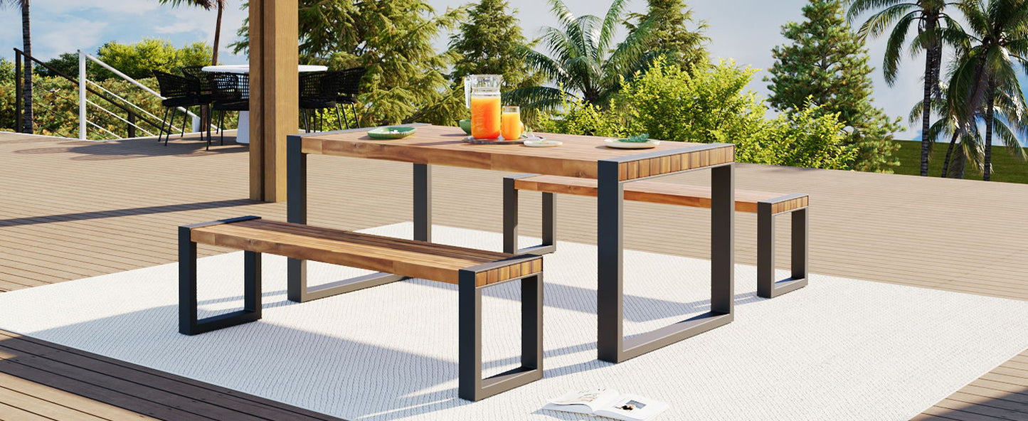 3 Pieces Outdoor Dining Table With 2 Benches, Patio Dining Set With Unique Top Texture, Acacia Wood Top & Steel Frame, All Weather Use, For Outdoor & Indoor - Natural Hearth and Haven
