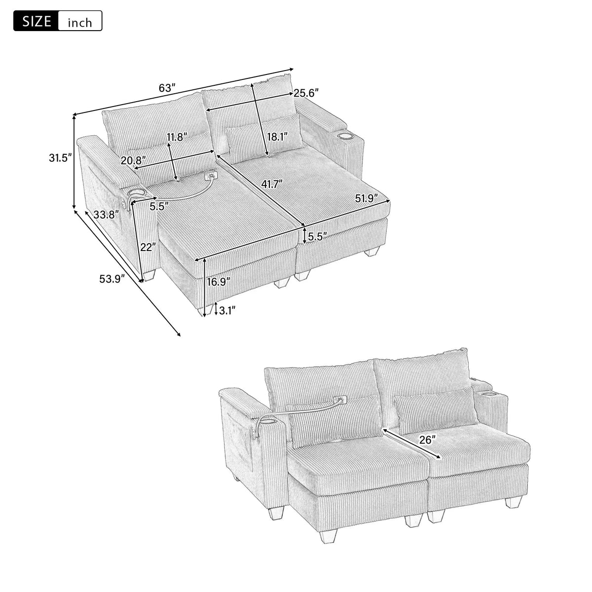 Convertible Chaise Lounge Sofa Chair With USB Ports, Cup Holders, Phone Holder And Storage Hearth and Haven