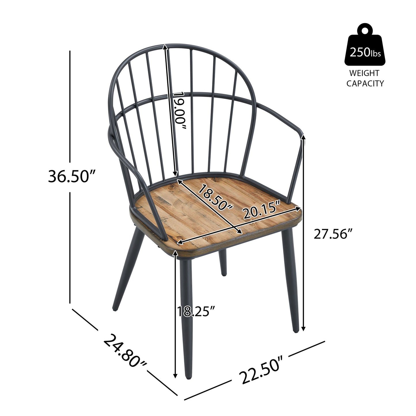 Industrial Inspired Indoor Dining Chair With Metal Legs And Birch (Set of 2) - Black / Natural Noble House