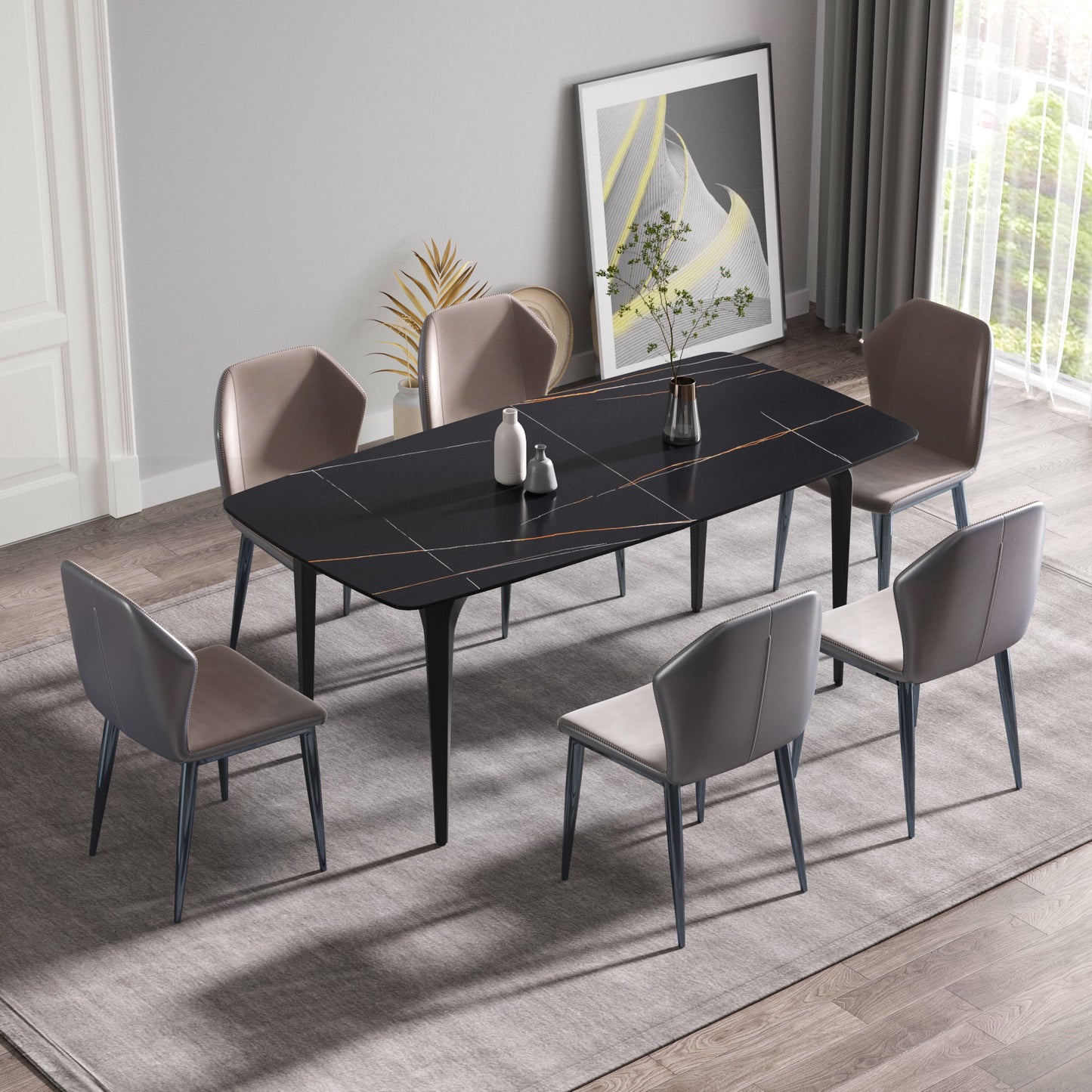70.87" Modern Artificial Stone Curved Metal Leg Dining Table, Can Accommodate 6-8 People Home Essentials