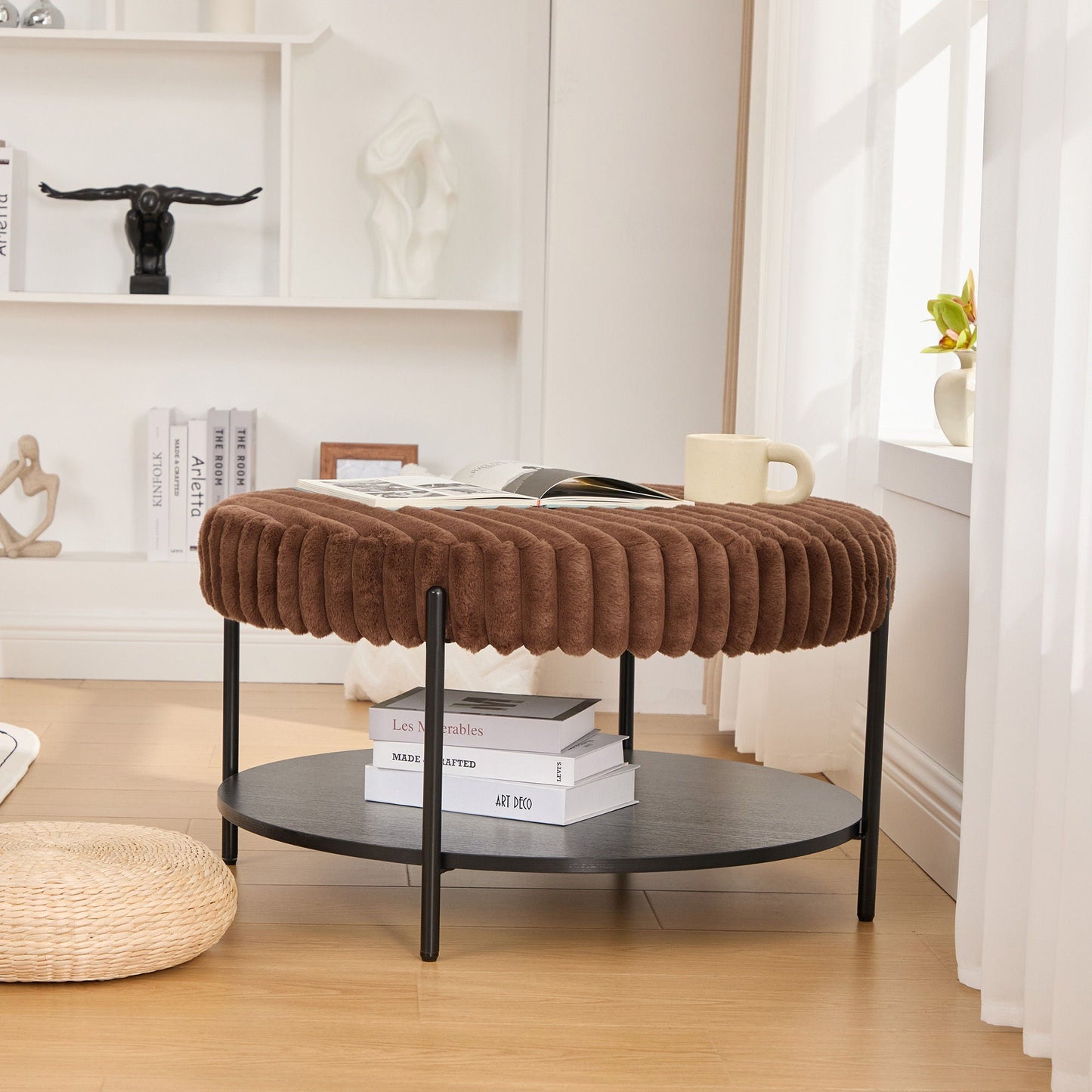 Modern Upholstered Round Ottoman Coffee Table With Storage Shelf Home Essentials