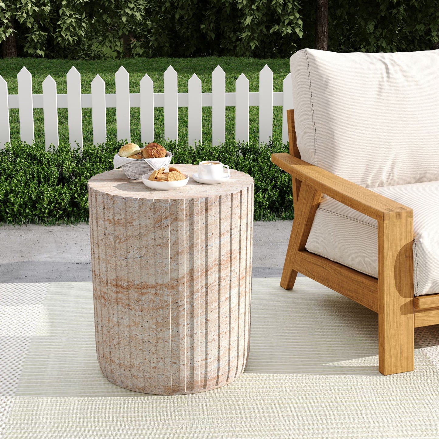 Elegant Outdoor / Indoor Lightweight Concrete Side Table With Travertine - Beige Noble House