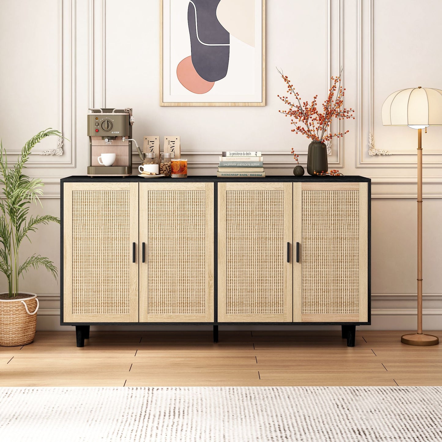 Elegant And Functional 4 Door Rattan Decorative Storage Cabinet Home Essentials