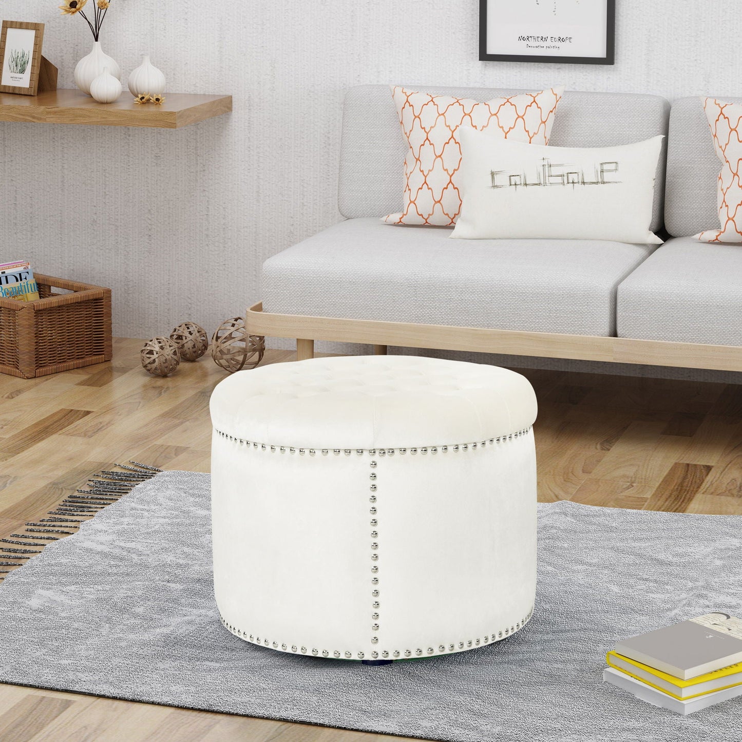 Elegant Round Ottoman Footstool With Studded Rim Noble House