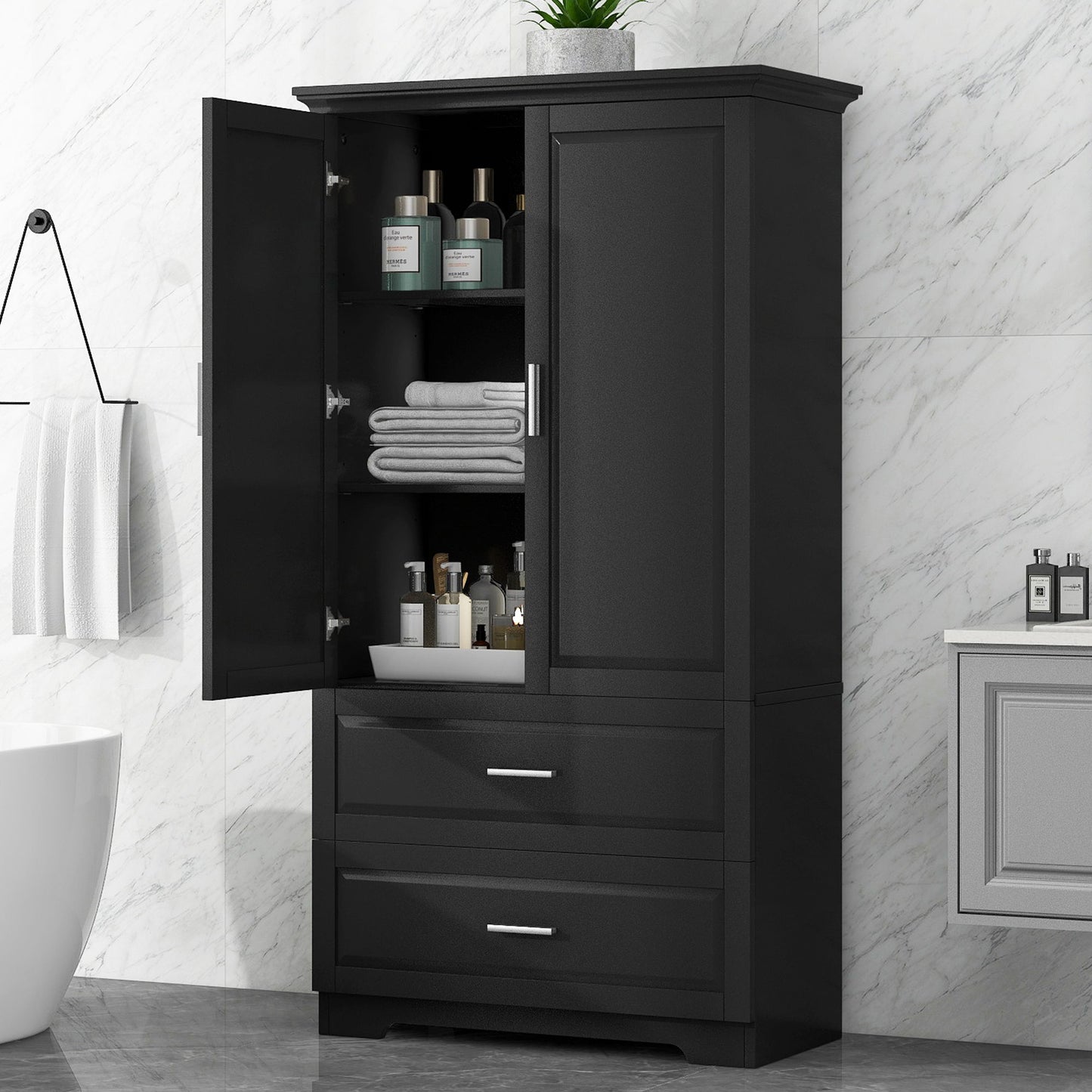 Tall Bathroom Storage Cabinet, Cabinet With 2 Doors And Drawers, Adjustable Shelf Hearth and Haven