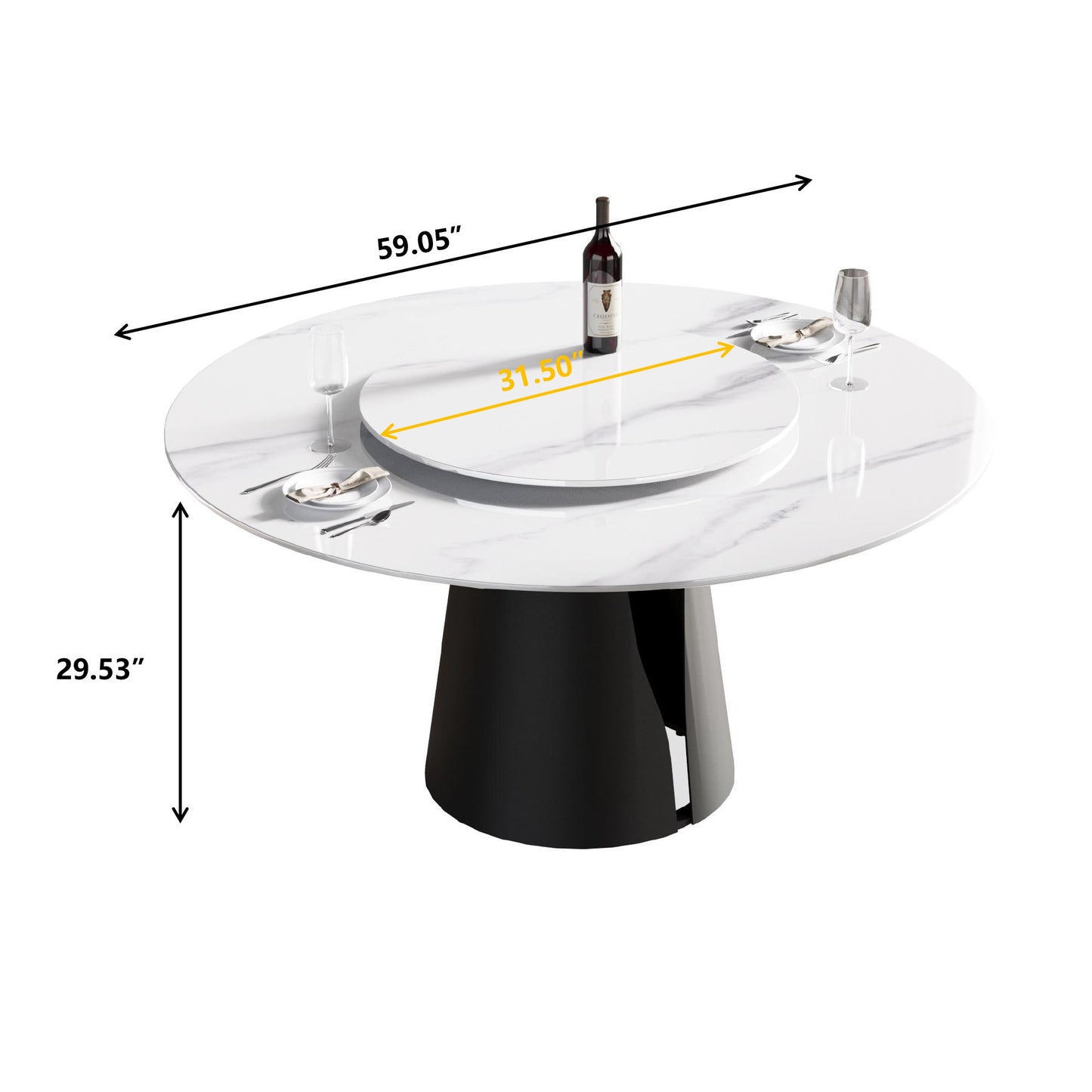 Modern Artificial Stone Round Carbon Steel Base Dining Table, Can Accommodate 6 People, Black Artificial Stone Turntable Home Essentials